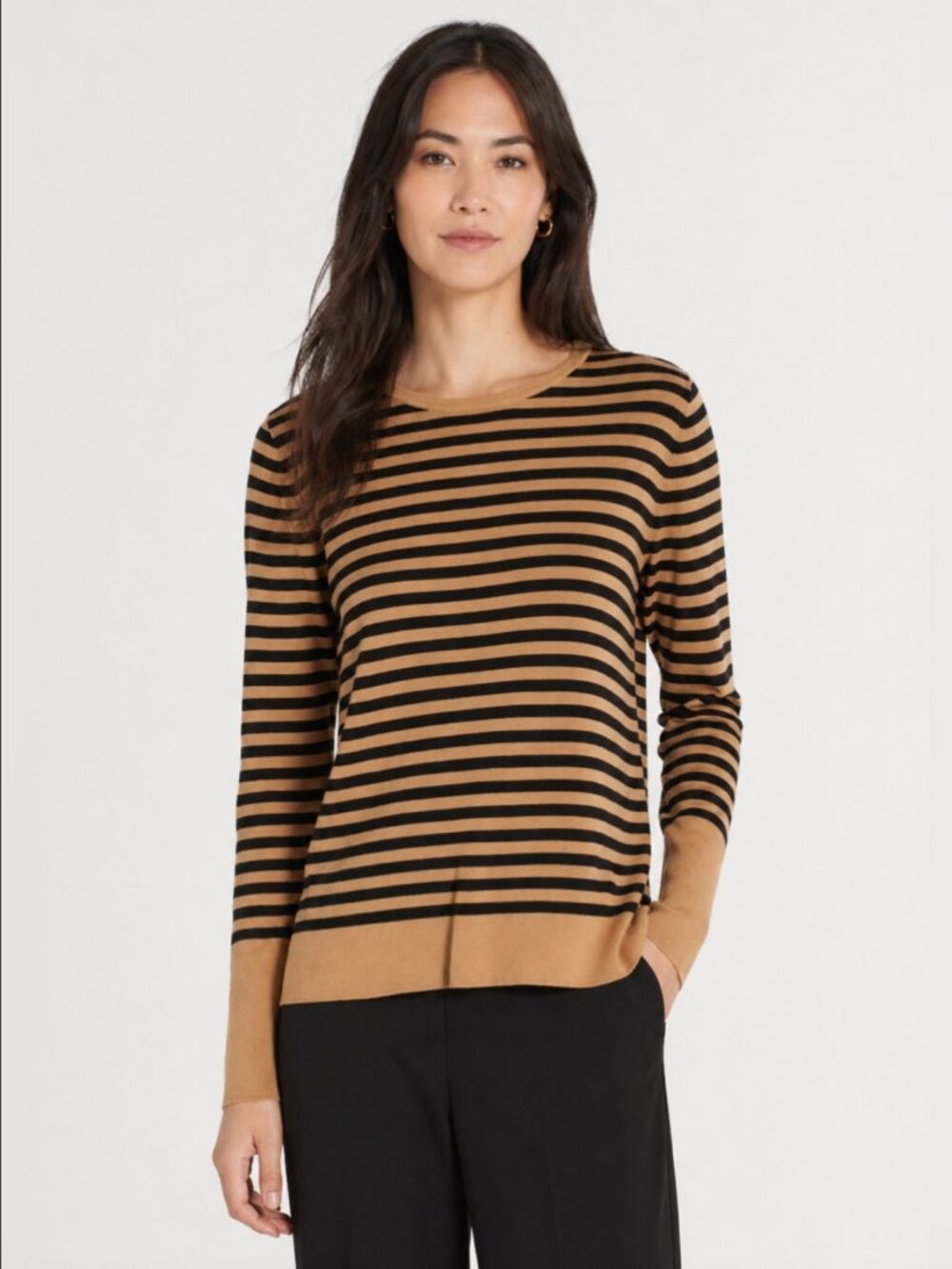 Eileen Fisher Silk Lyocell Striped Sweater L Camel Black Lightweight Knit